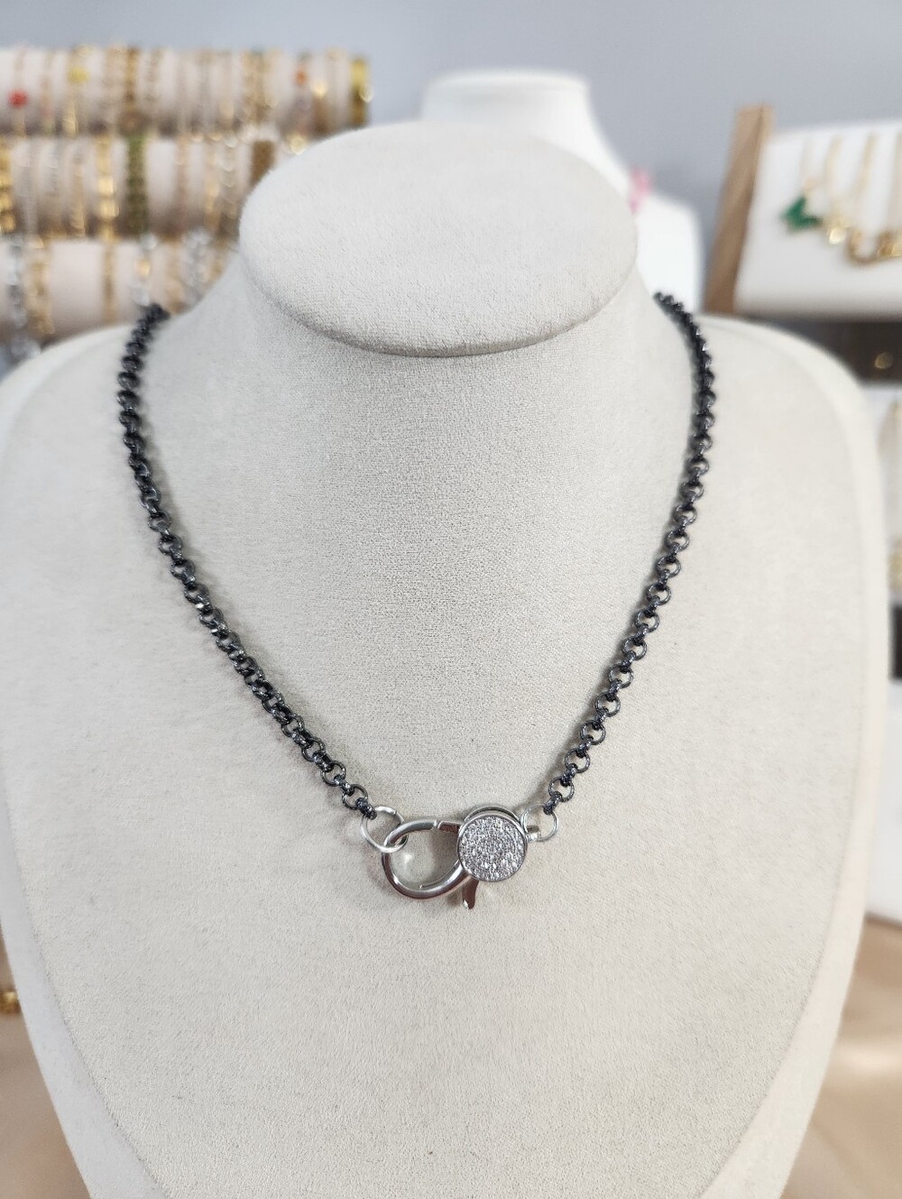 Black Diamond Cut Rolo Chain With Charm Holder